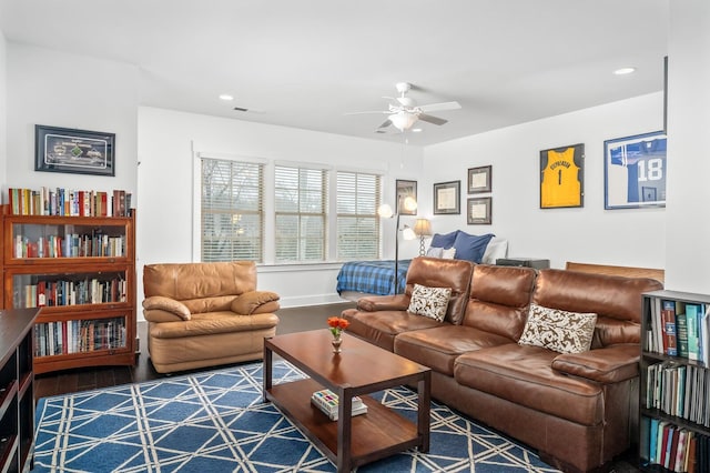 1701 Glen Echo Rd, Nashville, TN 37215 - living area featuring visible vents, baseboards, wood finished floors, recessed lighting, and a ceiling fan