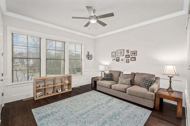 1701 Glen Echo Rd, Nashville, TN 37215 - living room with a wainscoted wall, ceiling fan, crown molding, and dark wood finished floors
