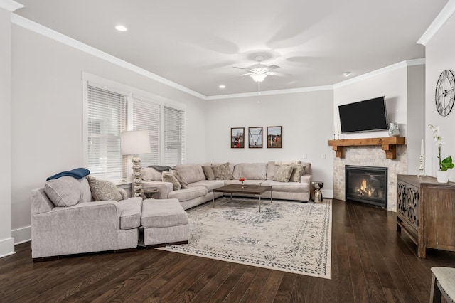 1701 Glen Echo Rd, Nashville, TN 37215 - living room with a fireplace, ornamental molding, recessed lighting, a ceiling fan, and dark wood finished floors