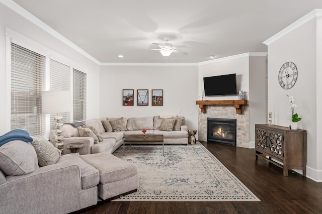 1701 Glen Echo Rd, Nashville, TN 37215 - living room featuring dark wood finished floors, a stone fireplace, crown molding, and ceiling fan