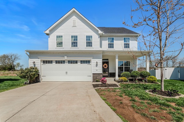 17 Kilkham Ct, Mount Juliet, TN 37122 - view of front of property with a porch, stone siding, fence, an attached garage, and driveway