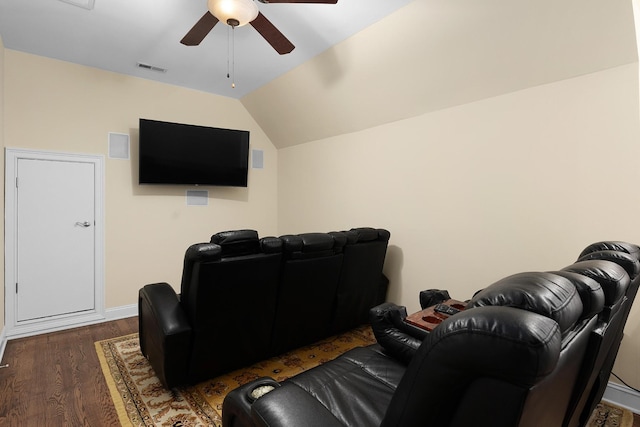 9812 Windrose Cir, Chattanooga, TN 37421 - cinema room featuring baseboards, lofted ceiling, ceiling fan, and dark wood finished floors