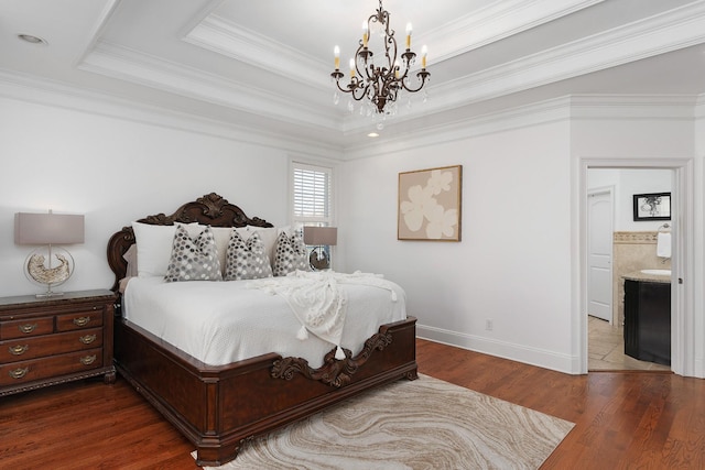 9812 Windrose Cir, Chattanooga, TN 37421 - bedroom featuring dark wood-style flooring, ornamental molding, baseboards, a raised ceiling, and a notable chandelier