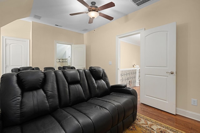 9812 Windrose Cir, Chattanooga, TN 37421 - home theater room featuring baseboards, ceiling fan, visible vents, and wood finished floors