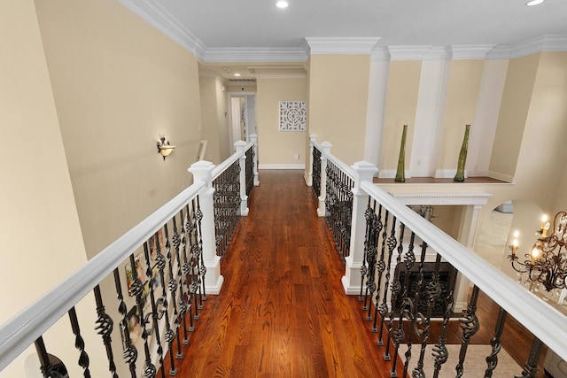 9812 Windrose Cir, Chattanooga, TN 37421 - hall featuring recessed lighting, an upstairs landing, crown molding, and wood finished floors