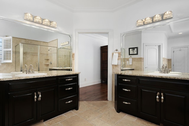 9812 Windrose Cir, Chattanooga, TN 37421 - full bathroom with a stall shower, ornamental molding, a sink, and two vanities