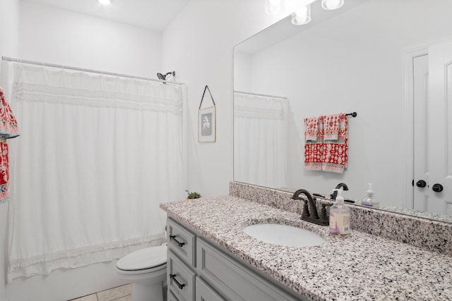 full bathroom with shower / tub combo with curtain, toilet, and vanity