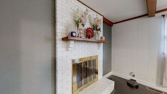 120 Gatone Dr, Hendersonville, TN 37075 - interior space featuring beamed ceiling, ornamental molding, visible vents, a brick fireplace, and baseboards