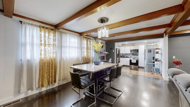 120 Gatone Dr, Hendersonville, TN 37075 - dining area featuring dark wood-style flooring, visible vents, an inviting chandelier, and beamed ceiling