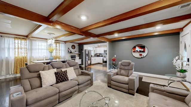 120 Gatone Dr, Hendersonville, TN 37075 - living room featuring baseboards, an inviting chandelier, visible vents, beamed ceiling, and wood finished floors