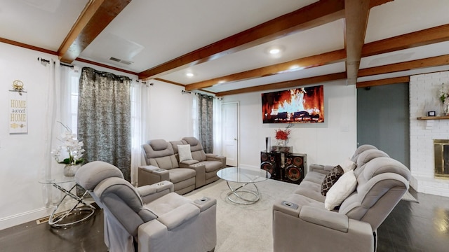 120 Gatone Dr, Hendersonville, TN 37075 - living area featuring a fireplace, visible vents, baseboards, and beam ceiling