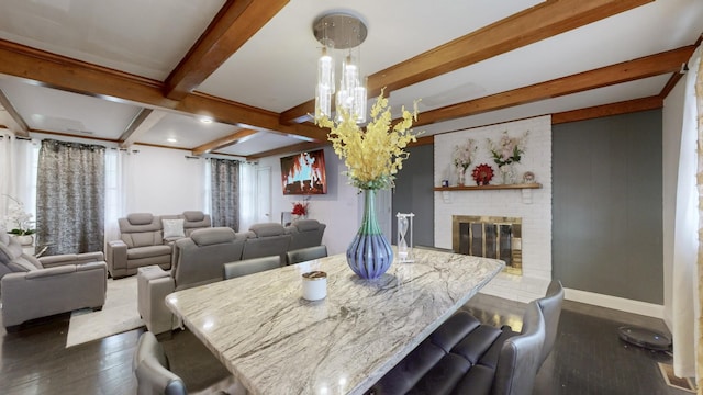 120 Gatone Dr, Hendersonville, TN 37075 - dining room featuring a chandelier, wood finished floors, a brick fireplace, baseboards, and beam ceiling