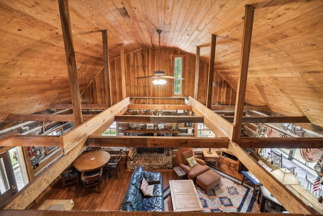 interior space featuring wooden walls, wood finished floors, and wooden ceiling