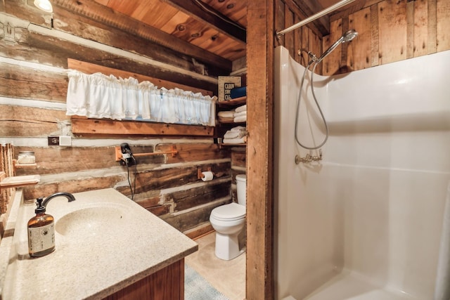 full bath with a shower stall, toilet, wood walls, and vanity