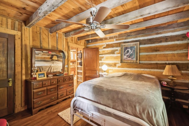 bedroom with wood finished floors, wooden walls, wooden ceiling, and beam ceiling