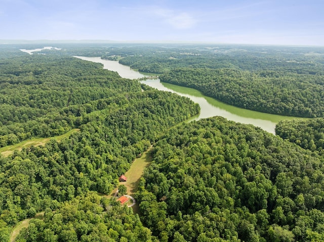 birds eye view of property with a water view and a forest view
