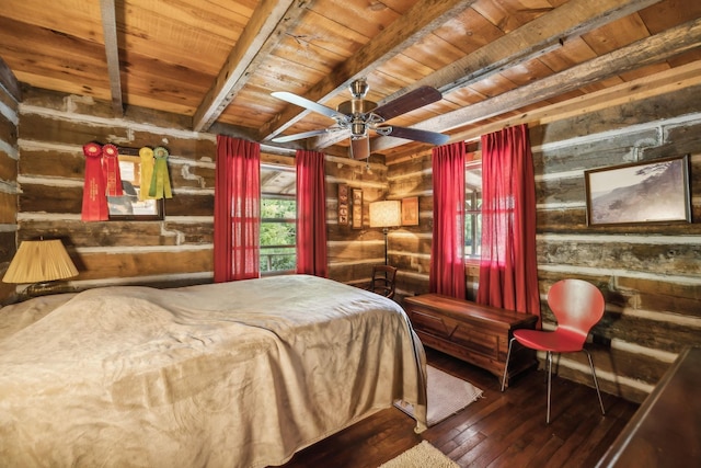 bedroom with beamed ceiling, wood walls, wooden ceiling, and wood-type flooring