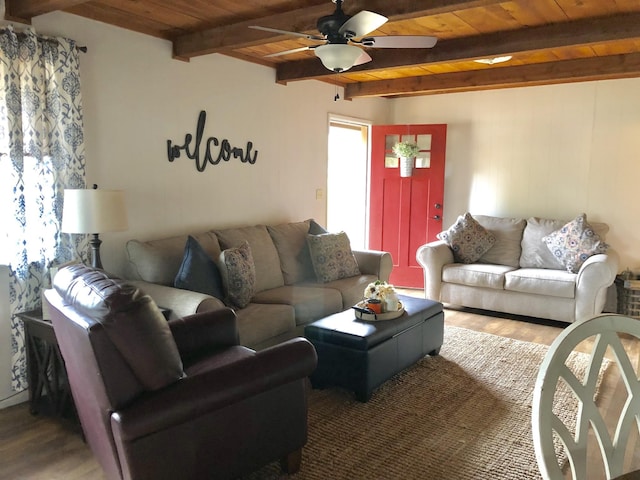 832 Pineview Dr, Springville, TN 38256 - living area featuring a ceiling fan, wood ceiling, beam ceiling, and wood finished floors