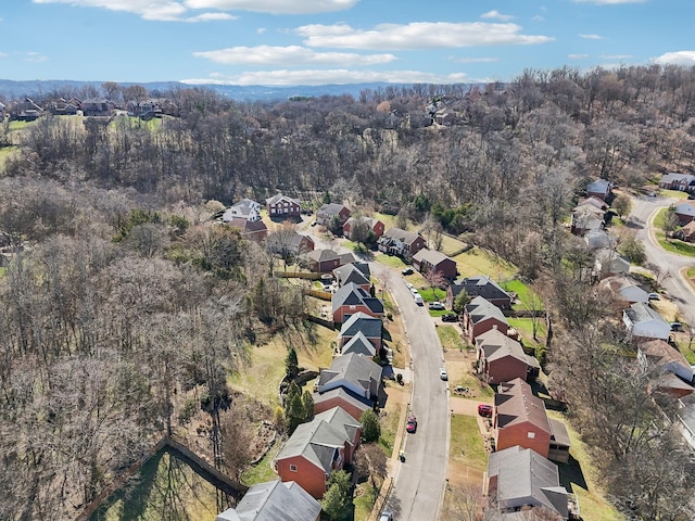 aerial view featuring a forest view and a residential view