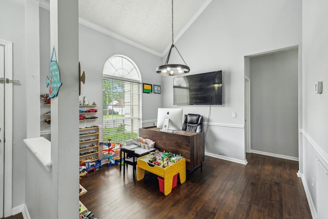 recreation room with a textured ceiling, vaulted ceiling, ornamental molding, and wood finished floors
