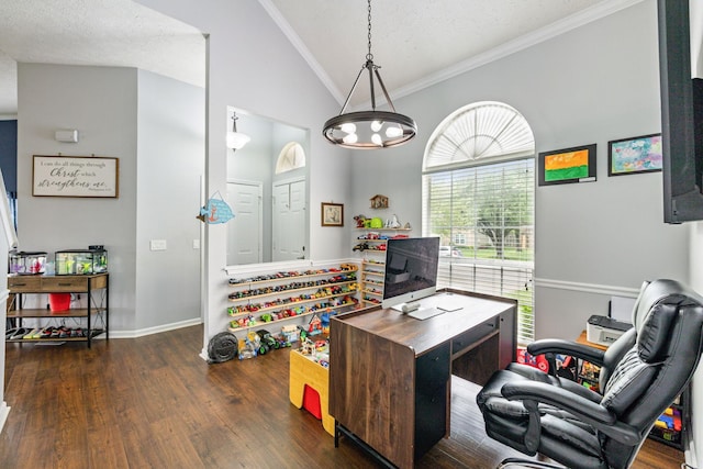 office with a textured ceiling, wood finished floors, ornamental molding, and lofted ceiling