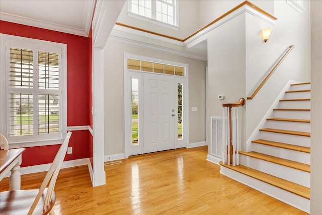 106 Irving Hills Ct, Lascassas, TN 37085 - entrance foyer featuring stairs, crown molding, light wood-type flooring, baseboards, and visible vents