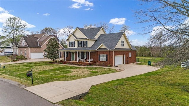 106 Irving Hills Ct, Lascassas, TN 37085 - view of front facade with a garage, concrete driveway, brick siding, a front lawn, and covered porch