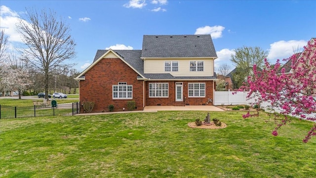106 Irving Hills Ct, Lascassas, TN 37085 - rear view of house featuring a fenced backyard, brick siding, a lawn, and a patio