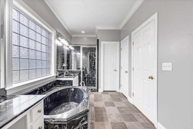 106 Irving Hills Ct, Lascassas, TN 37085 - full bath featuring a stall shower, vanity, a bath, baseboards, and ornamental molding