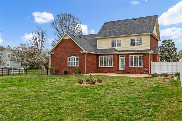106 Irving Hills Ct, Lascassas, TN 37085 - rear view of house featuring brick siding, a lawn, fence, and a patio area