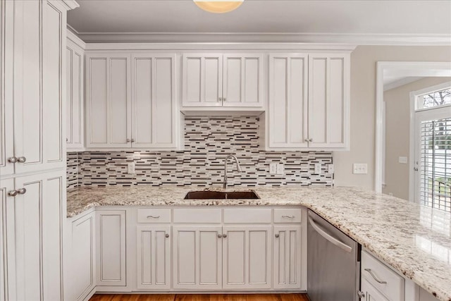 106 Irving Hills Ct, Lascassas, TN 37085 - kitchen featuring crown molding, dishwasher, white cabinetry, a sink, and backsplash