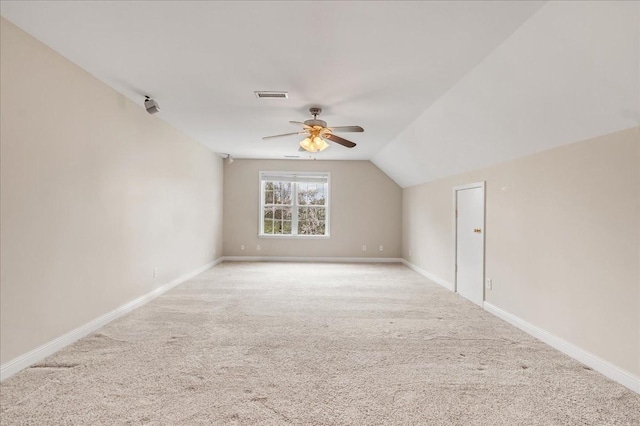 106 Irving Hills Ct, Lascassas, TN 37085 - bonus room with a ceiling fan, light carpet, lofted ceiling, baseboards, and visible vents