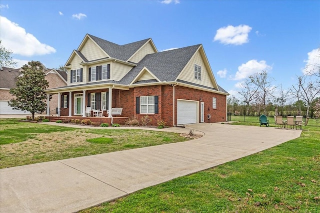 106 Irving Hills Ct, Lascassas, TN 37085 - view of front facade with a garage, concrete driveway, a front yard, brick siding, and covered porch
