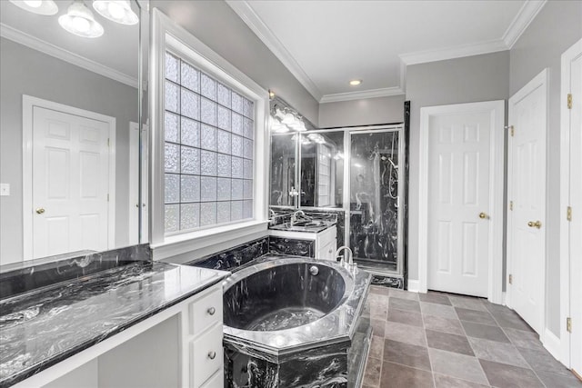 106 Irving Hills Ct, Lascassas, TN 37085 - bathroom featuring vanity, crown molding, a garden tub, and a shower stall
