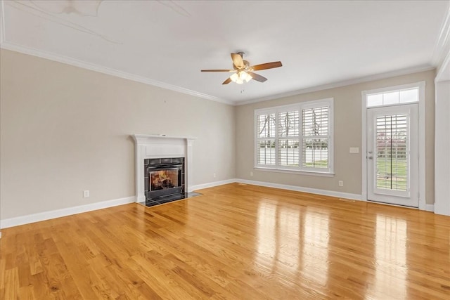 106 Irving Hills Ct, Lascassas, TN 37085 - unfurnished living room with a fireplace with flush hearth, baseboards, ornamental molding, ceiling fan, and light wood-style floors