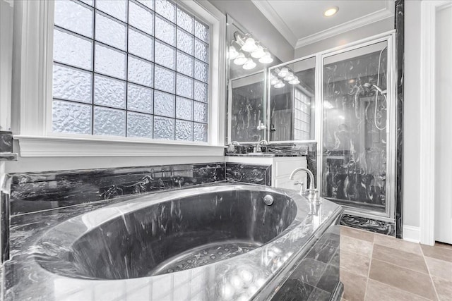 106 Irving Hills Ct, Lascassas, TN 37085 - full bathroom with vanity, ornamental molding, tile patterned floors, a stall shower, and a garden tub