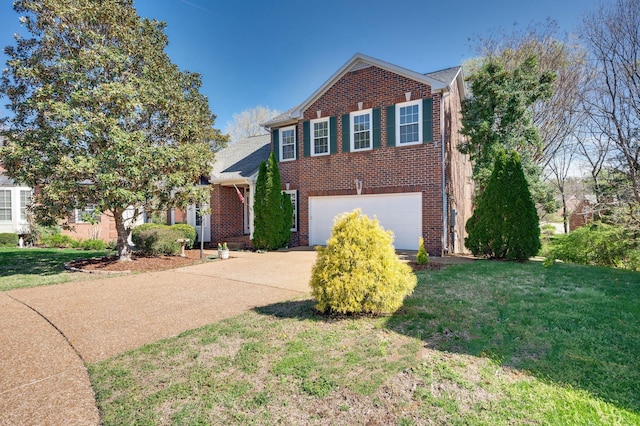 view of front facade with driveway, brick siding, a garage, and a front lawn