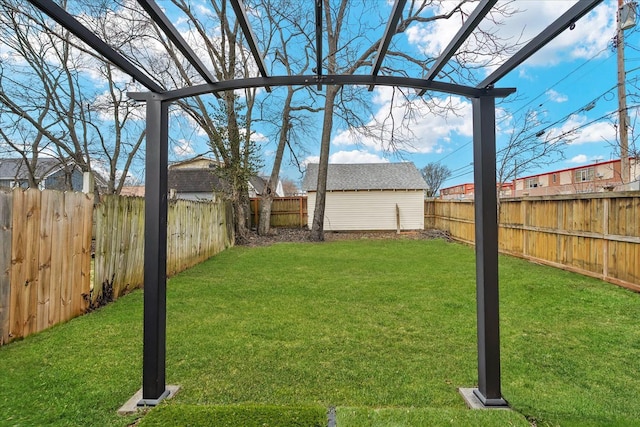 view of yard featuring an outbuilding and a fenced backyard