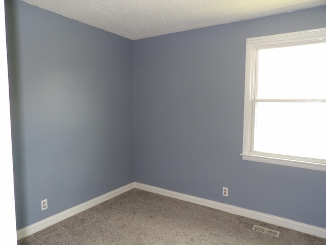 carpeted empty room featuring baseboards, a textured ceiling, a wealth of natural light, and visible vents