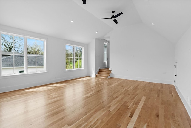 3411 Richards St, Nashville, TN 37215 - unfurnished living room featuring stairway, vaulted ceiling, baseboards, light wood finished floors, and ceiling fan