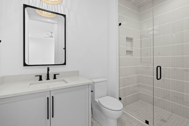 3411 Richards St, Nashville, TN 37215 - bathroom featuring a stall shower, toilet, ceiling fan, and vanity