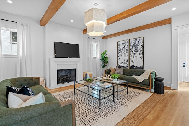 3411 Richards St, Nashville, TN 37215 - living room with a fireplace with flush hearth, baseboards, recessed lighting, beam ceiling, and light wood-style floors