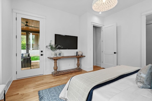 3411 Richards St, Nashville, TN 37215 - bedroom featuring baseboards, access to outside, wood finished floors, recessed lighting, and a notable chandelier