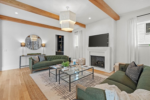 3411 Richards St, Nashville, TN 37215 - living room with recessed lighting, a fireplace with flush hearth, baseboards, beam ceiling, and light wood-style flooring