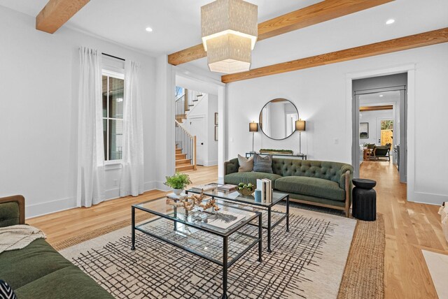 3411 Richards St, Nashville, TN 37215 - living area with light wood finished floors, plenty of natural light, stairway, and beam ceiling