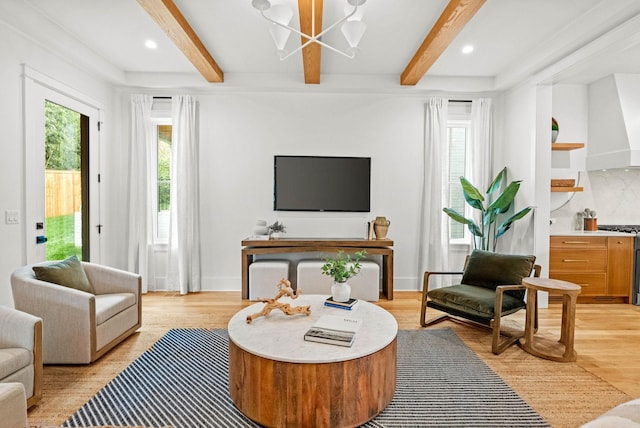 3411 Richards St, Nashville, TN 37215 - living area with light wood finished floors, a wealth of natural light, and beamed ceiling
