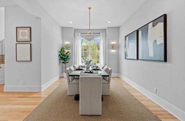 3411 Richards St, Nashville, TN 37215 - dining space with baseboards, light wood-style flooring, recessed lighting, and stairs