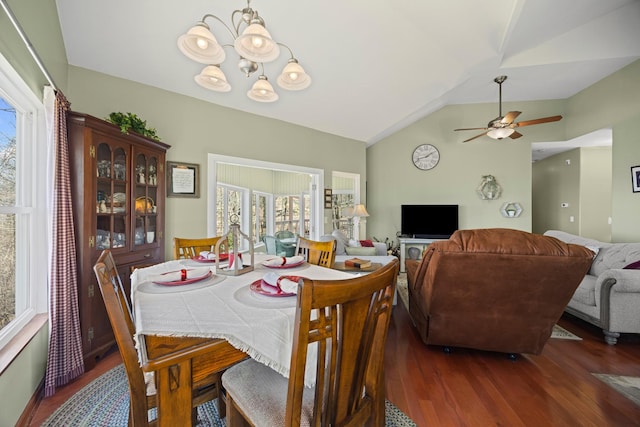 300 Iron Gap Rd, Belvidere, TN 37306 - dining space featuring a chandelier, lofted ceiling, dark wood finished floors, and a ceiling fan
