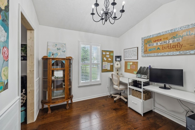 office with a textured ceiling, a chandelier, baseboards, dark wood-type flooring, and lofted ceiling