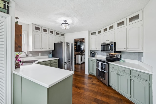 kitchen featuring green cabinets, stainless steel appliances, tasteful backsplash, dark wood-type flooring, and a sink